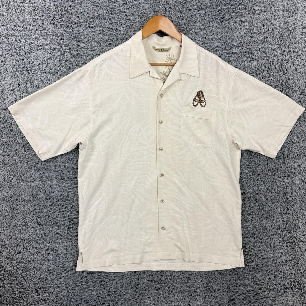 Tommy Bahama Shirt Mens Large White Floral Short Sleeve Button Up Hawaiian